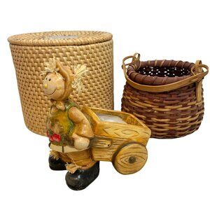 Set Of 2 Rustic Woven Baskets & Scarecrow Planter Figurine with Wagon - Handcraf
